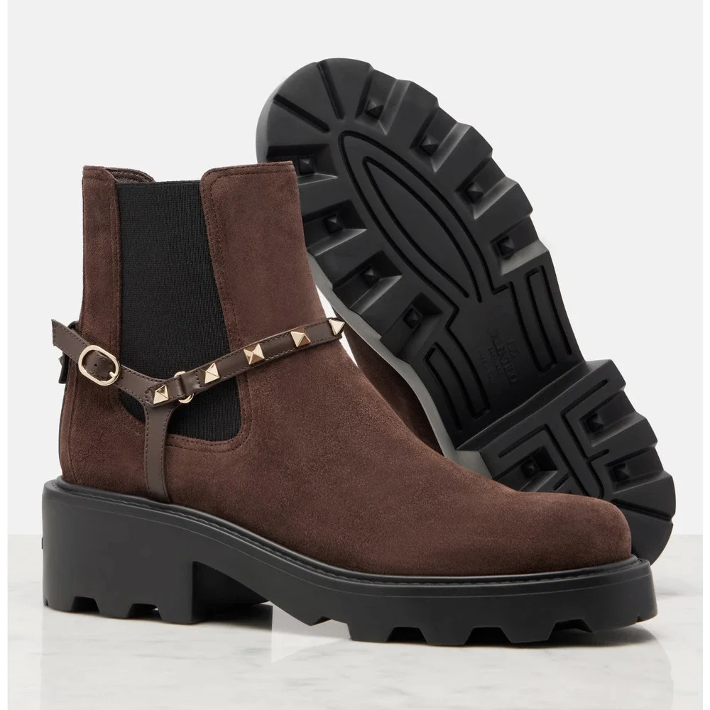 Valentino Rockstud Beatle Brown Suede 55mm Short Ankle Flat Chelsea Boot 38.5